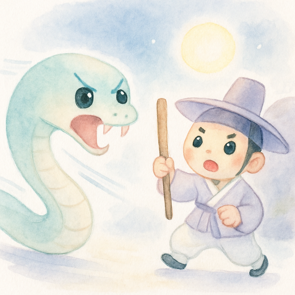 큰 구렁이가 나그네를 향해 달려드는 장면